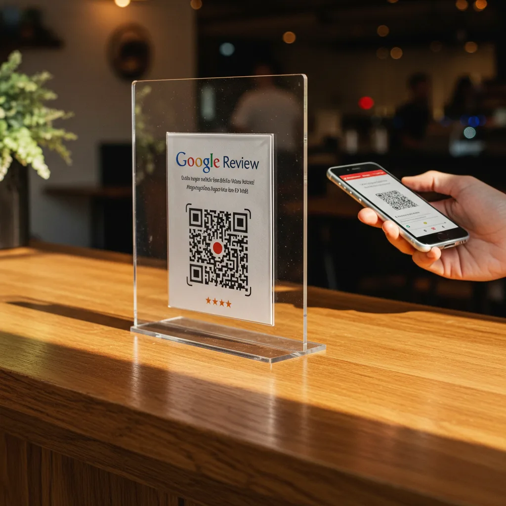 QR Kodlu Google Yorum Standı — Masaüstü Pleksi Yorum Kartı